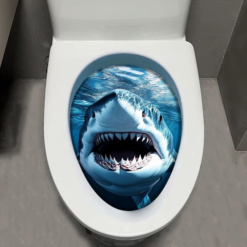 Iprokiu Cute Animal Toilet Sticker Waterproof 3D Funny Dog Cracking Toilet Seat Lid Decal Bathroom Wall Sticker Squirrel Toilet Lid Decal Home Decoration (Shark) - Image 5